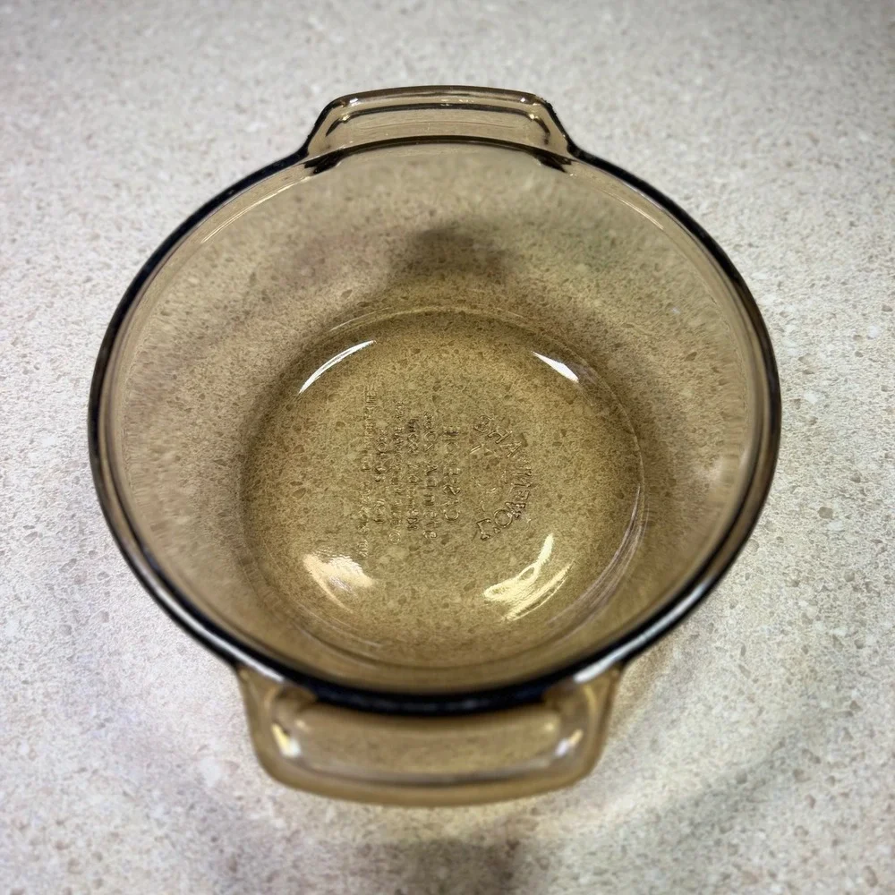 Vintage Lovenware Amber Glass Casserole Dish 20oz Round Brown Baking Pan USA